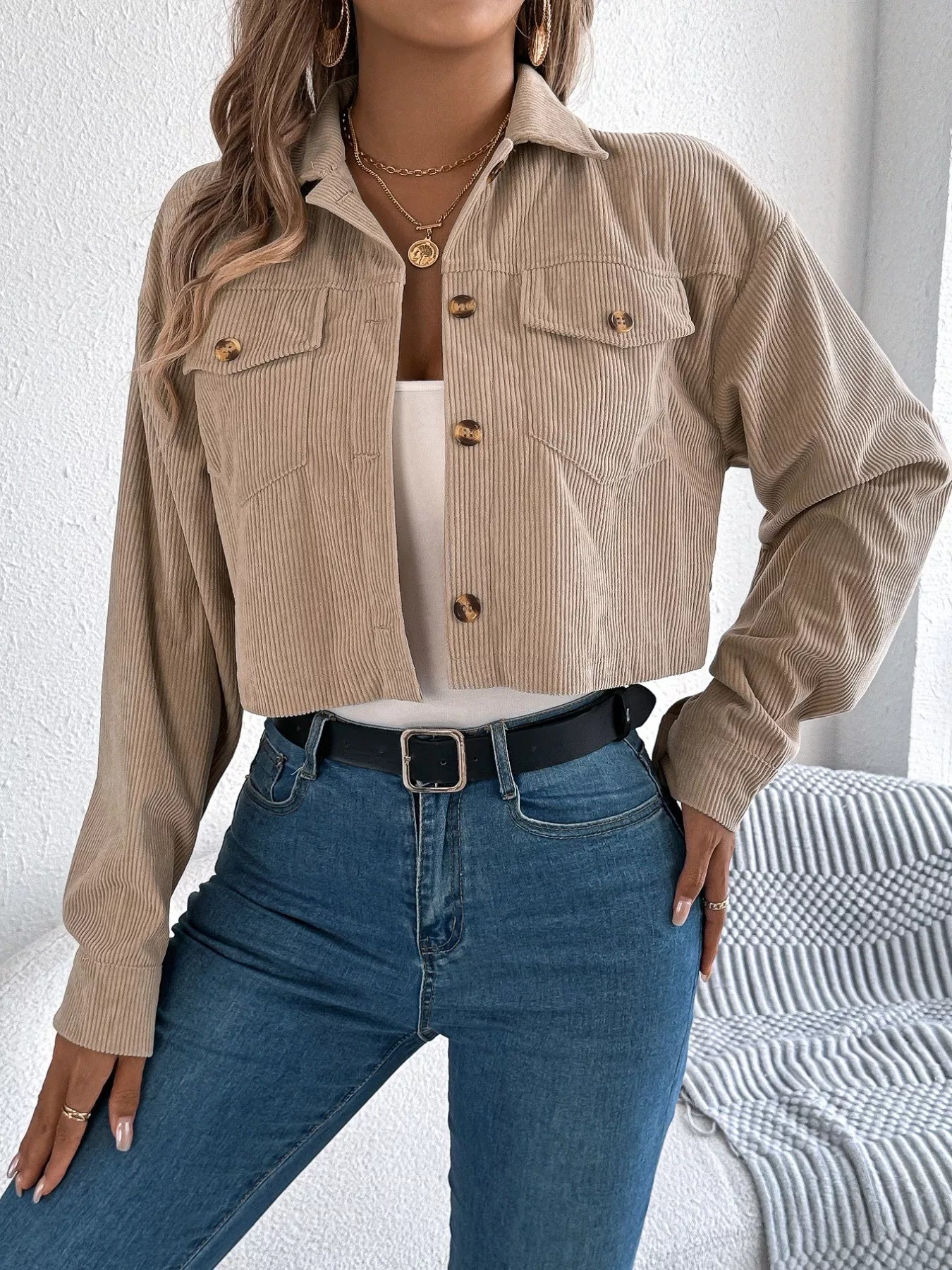 Corduroy Button-Up Dropped Shoulder Jacket Trendsi
