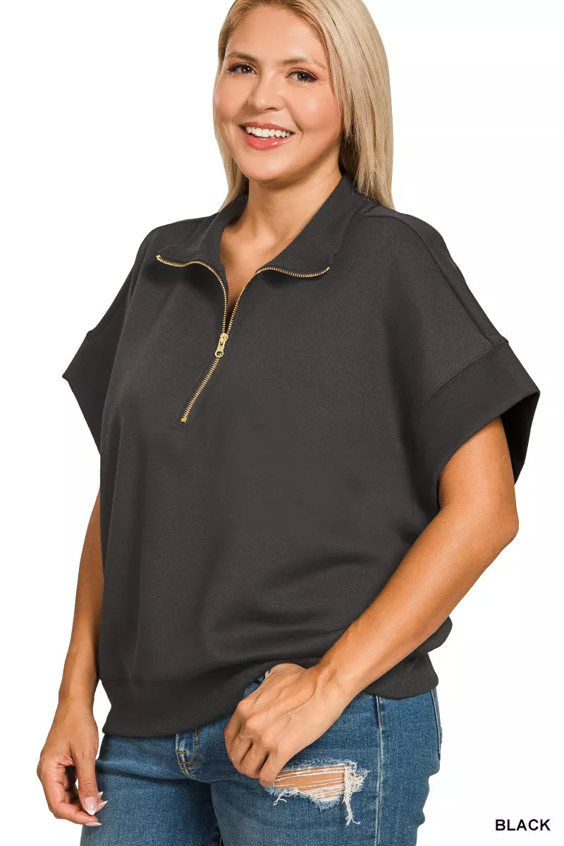 Zenana Full Size Scuba High Neck Half Zip Short Sleeve Top Plus Size OutfitFlow