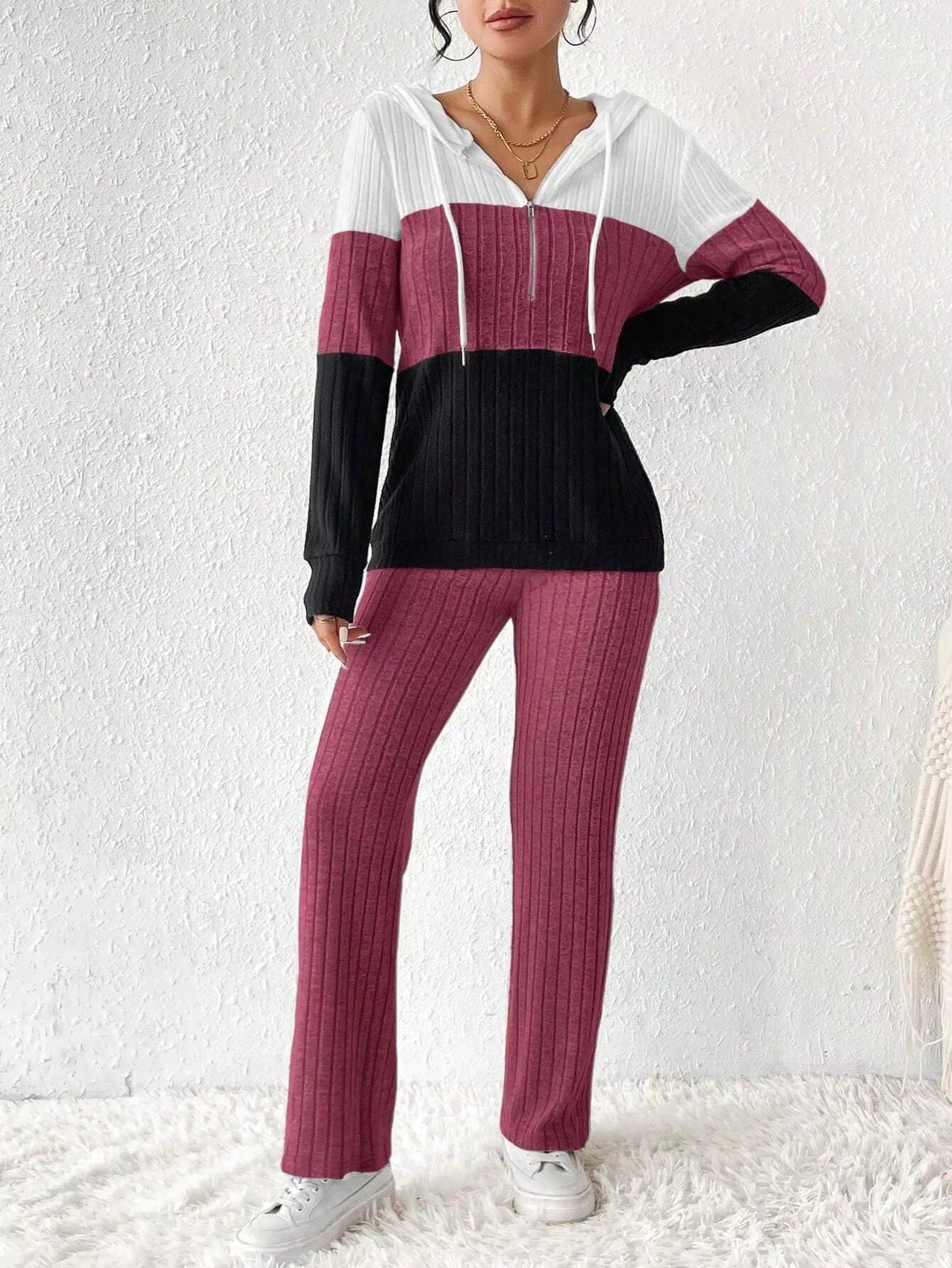 Color Block Half Zip Hooded Top and Pants Set OutfitFlow