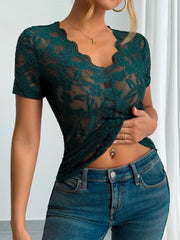 Lace V-Neck Short Sleeve Top OutfitFlow