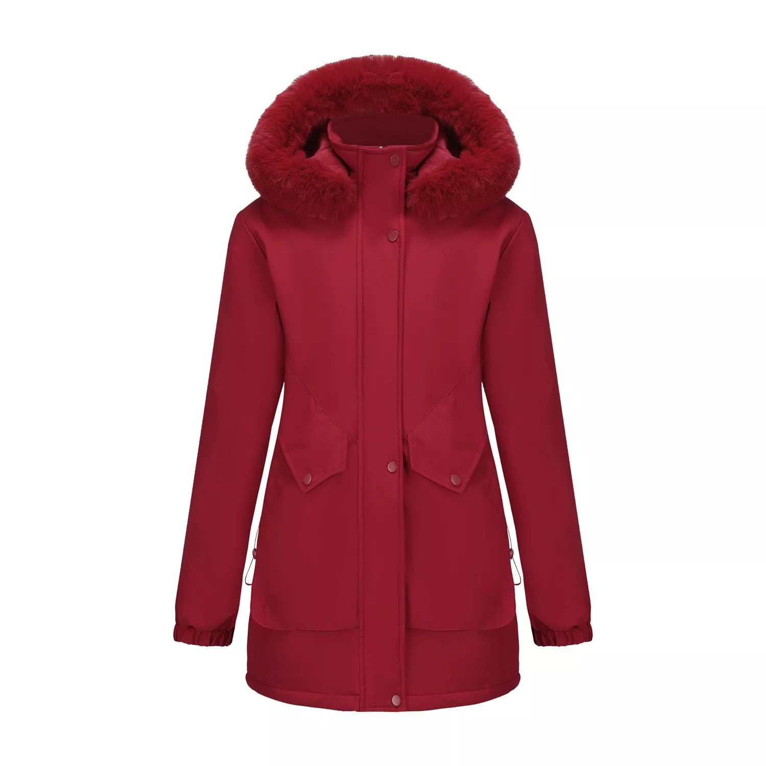 Full Size Fur Hooded Warm Winter Parka Outerwear Plus Size Burgundy OutfitFlow
