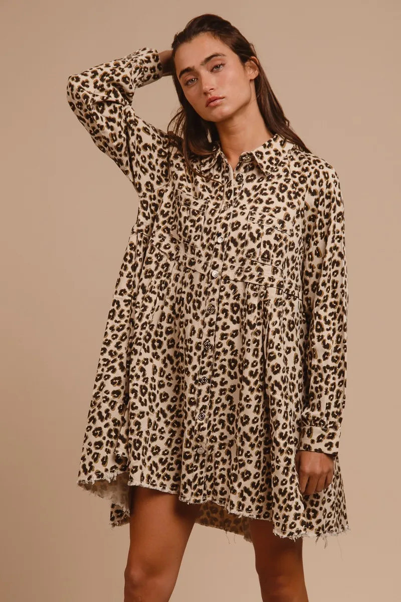 BiBi Washed Denim Button Down Dress with Side Pocket OutfitFlow