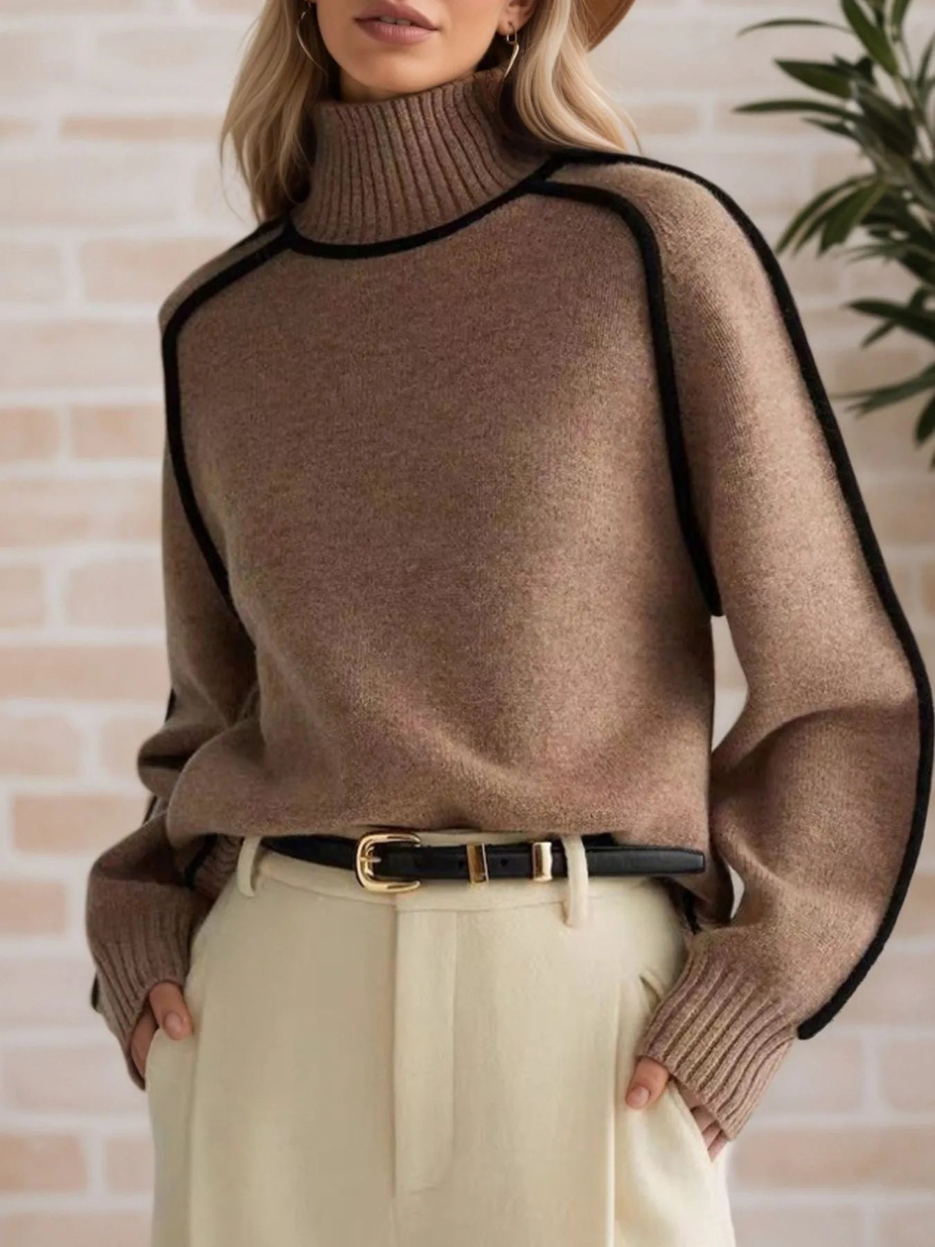 Contrast Trim Turtleneck Sweater OutfitFlow