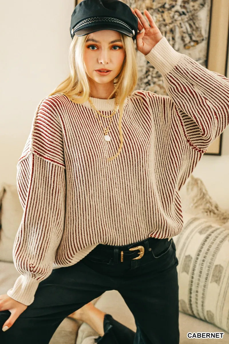 Zenana Two Tone Crewneck Sweater CABERNET Trendsi