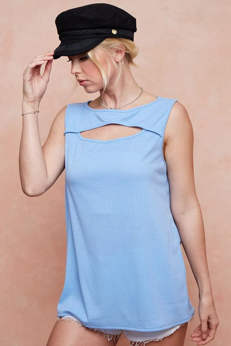 BiBi Soft Rib Knit with Cut Out Front Sleeveless Top OutfitFlow