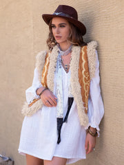 Fuzzy Open Front Vest Coat Camel Trendsi