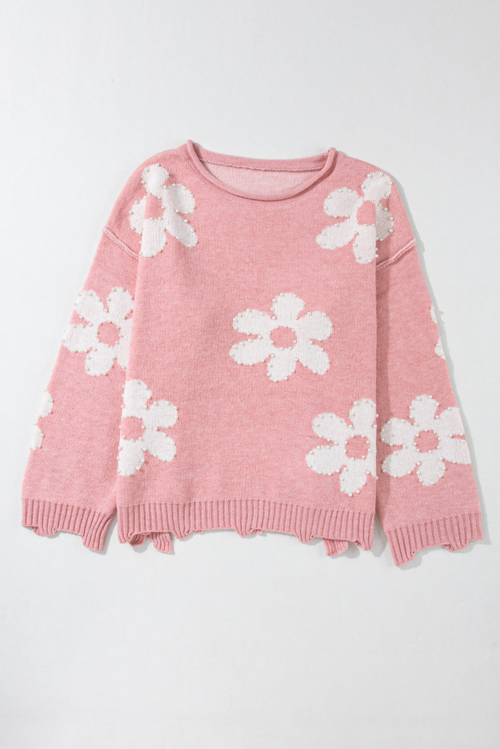 Outfit Flow - Pearl Trim Flower Round Neck Sweater