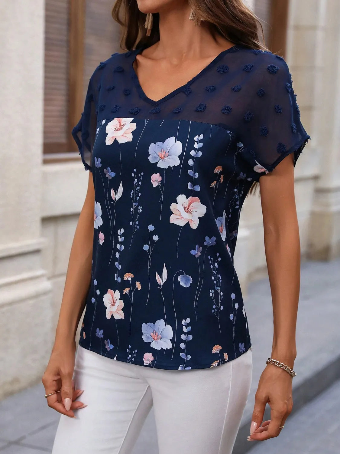 Floral Print V-Neck Flutter Sleeve Casual Top OutfitFlow