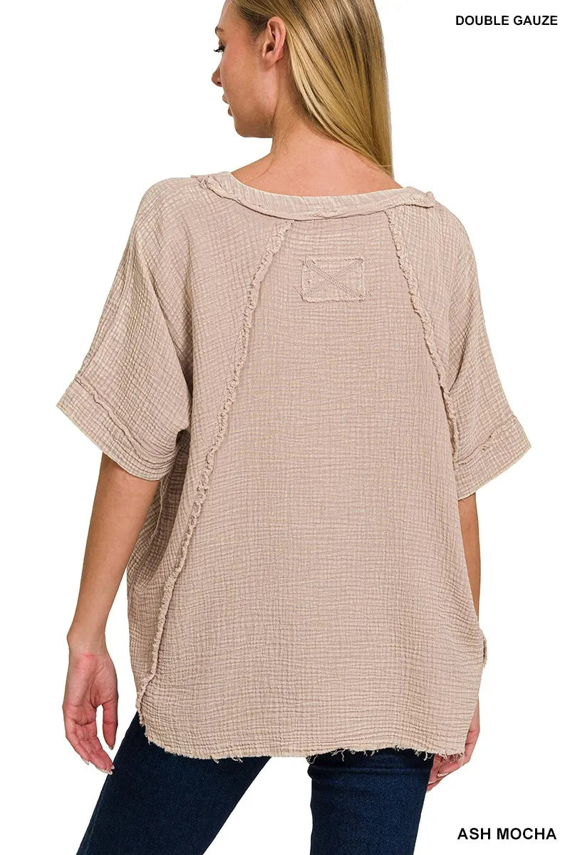 Zenana Washed Double Gauze Exposed Seam Short Sleeve Top OutfitFlow