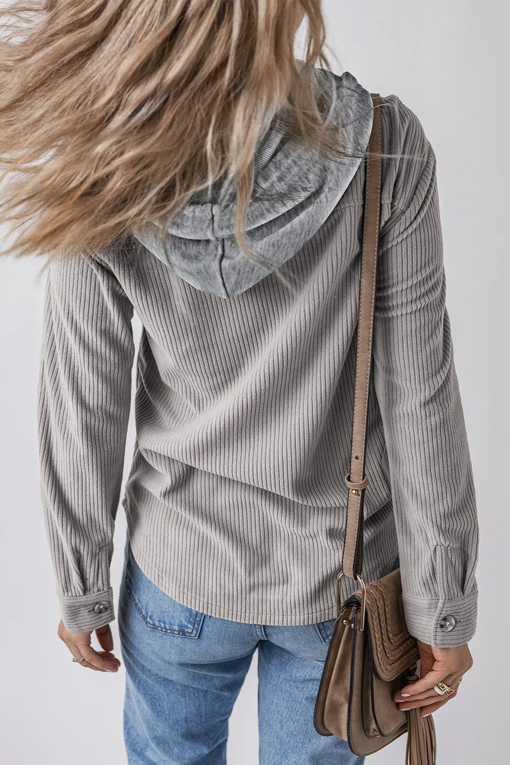Drawstring Button Up Long Sleeve Hooded Jacket OutfitFlow