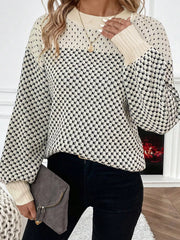 Contrast Color Pattern Lantern Sleeve Sweater Black OutfitFlow