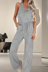 Outfit Flow - Drawstring Quarter Button Wide Strap Jumpsuit