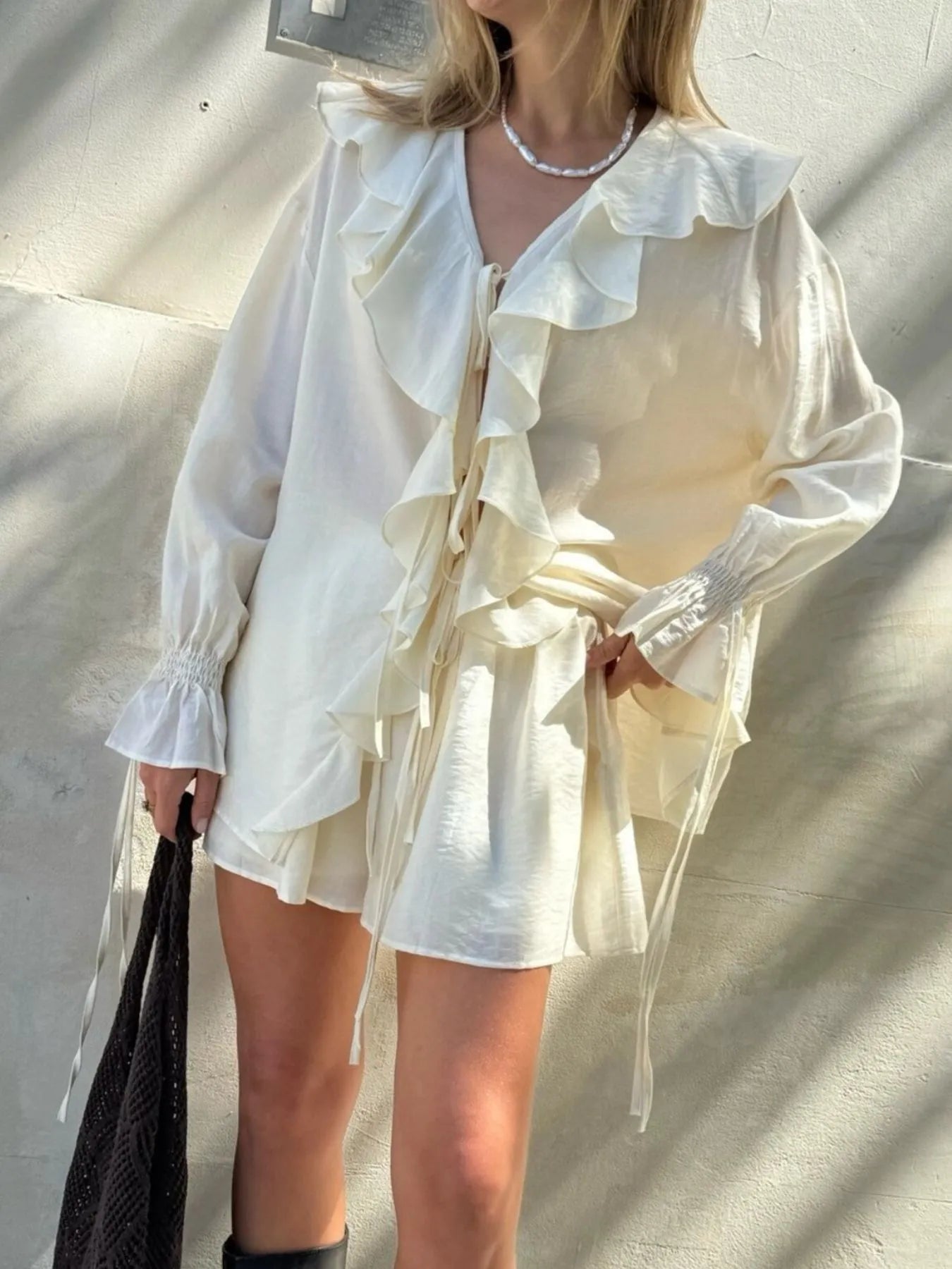 Ruffled Long Sleeve Shirt and Shorts Set OutfitFlow