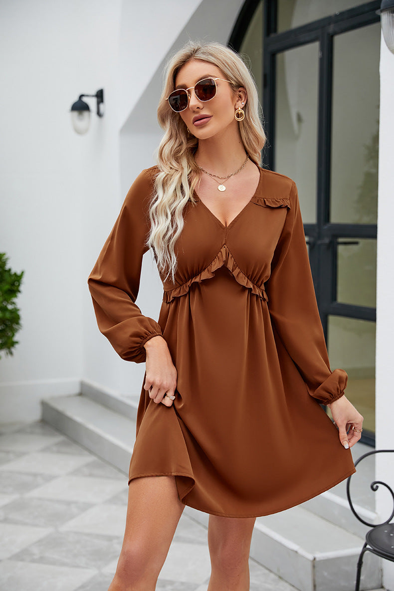 Frill Trim V-Neck Long Sleeve Dress Dark Brown OutfitFlow