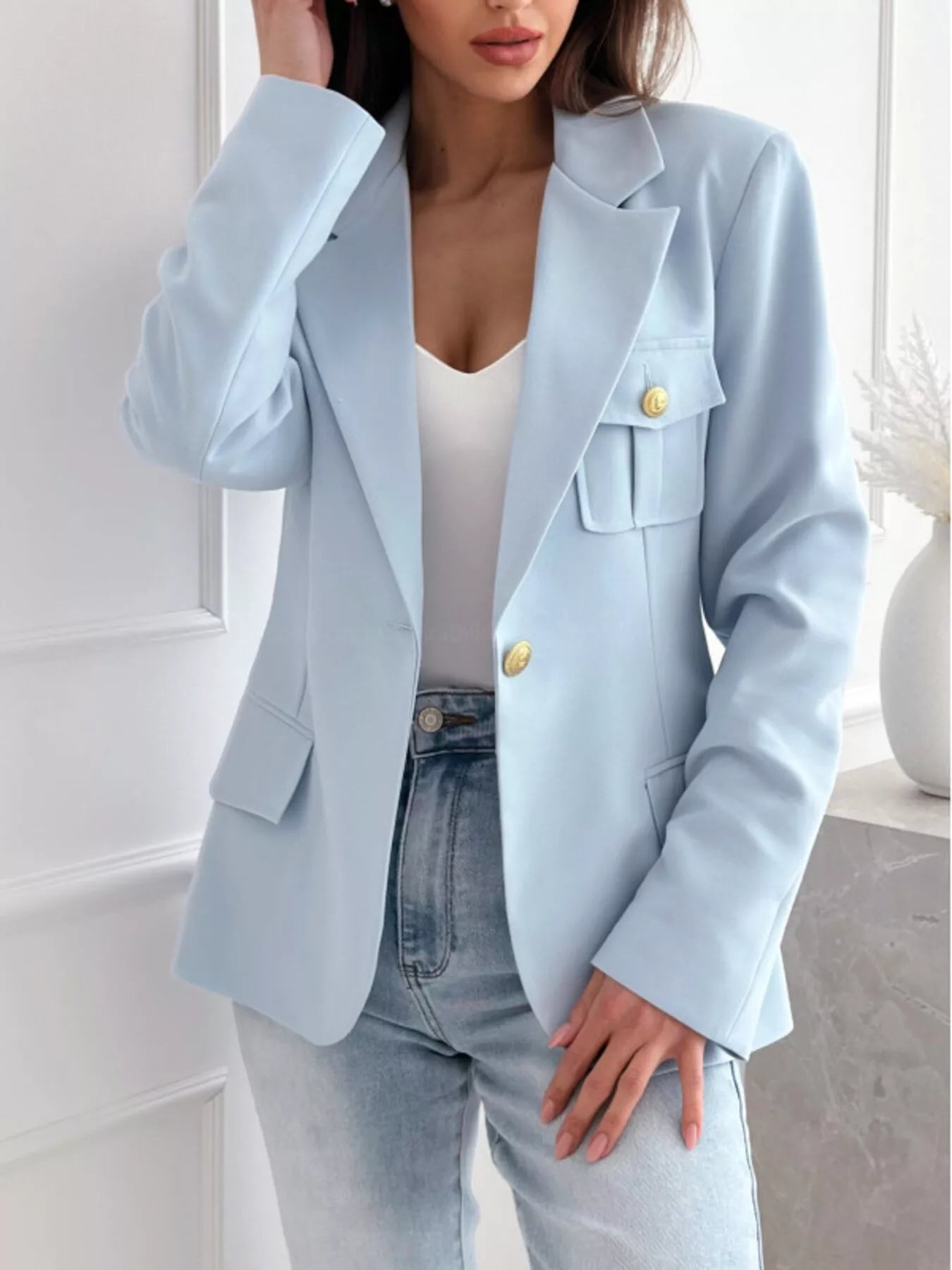 Lapel Collar One Button Blazer OutfitFlow