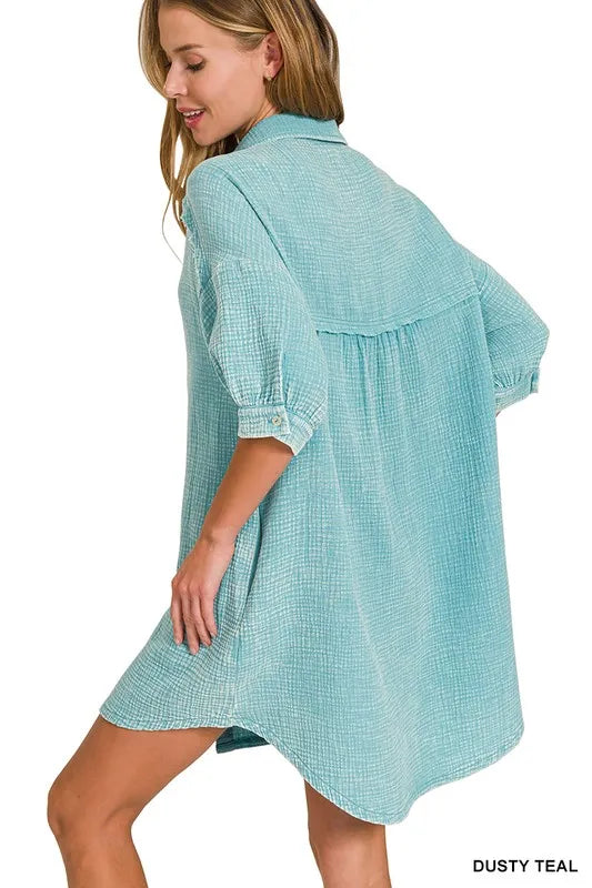 Zenana Washed Double Gauze Button Down Shirt Dress OutfitFlow