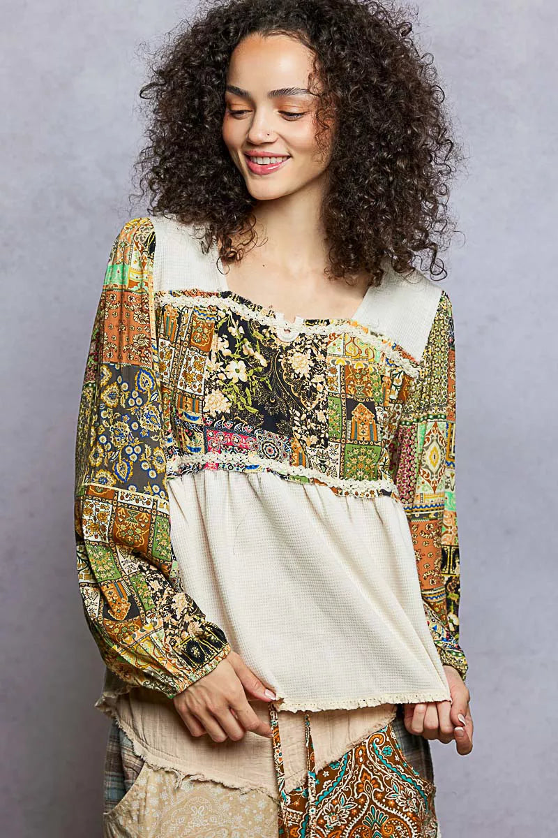 POL Balloon Sleeve Peplum Blouse with Trim Detail OutfitFlow