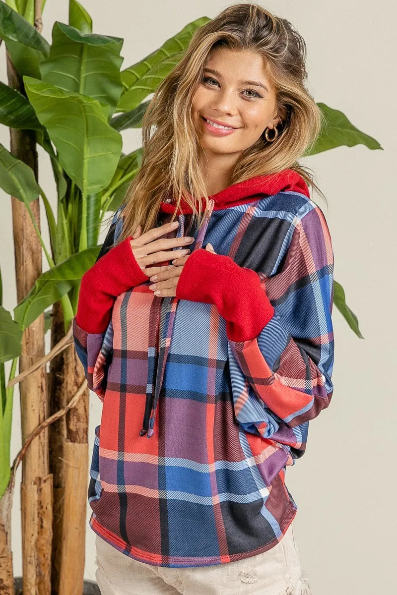 BiBi Plaid Mirr Brushed Rib Contrast Thumb Open Hoodie OutfitFlow
