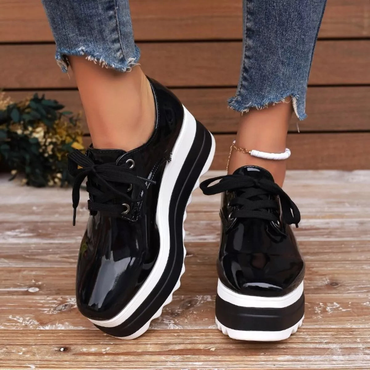 Lace Up Platform Sneakers Black Trendsi