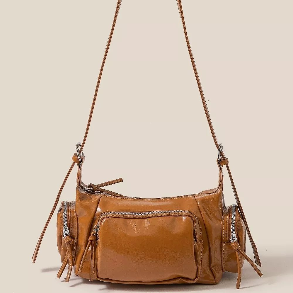 Fame Glossy Faux Leather Multi Pocket Hand Bag DBR One Size OutfitFlow