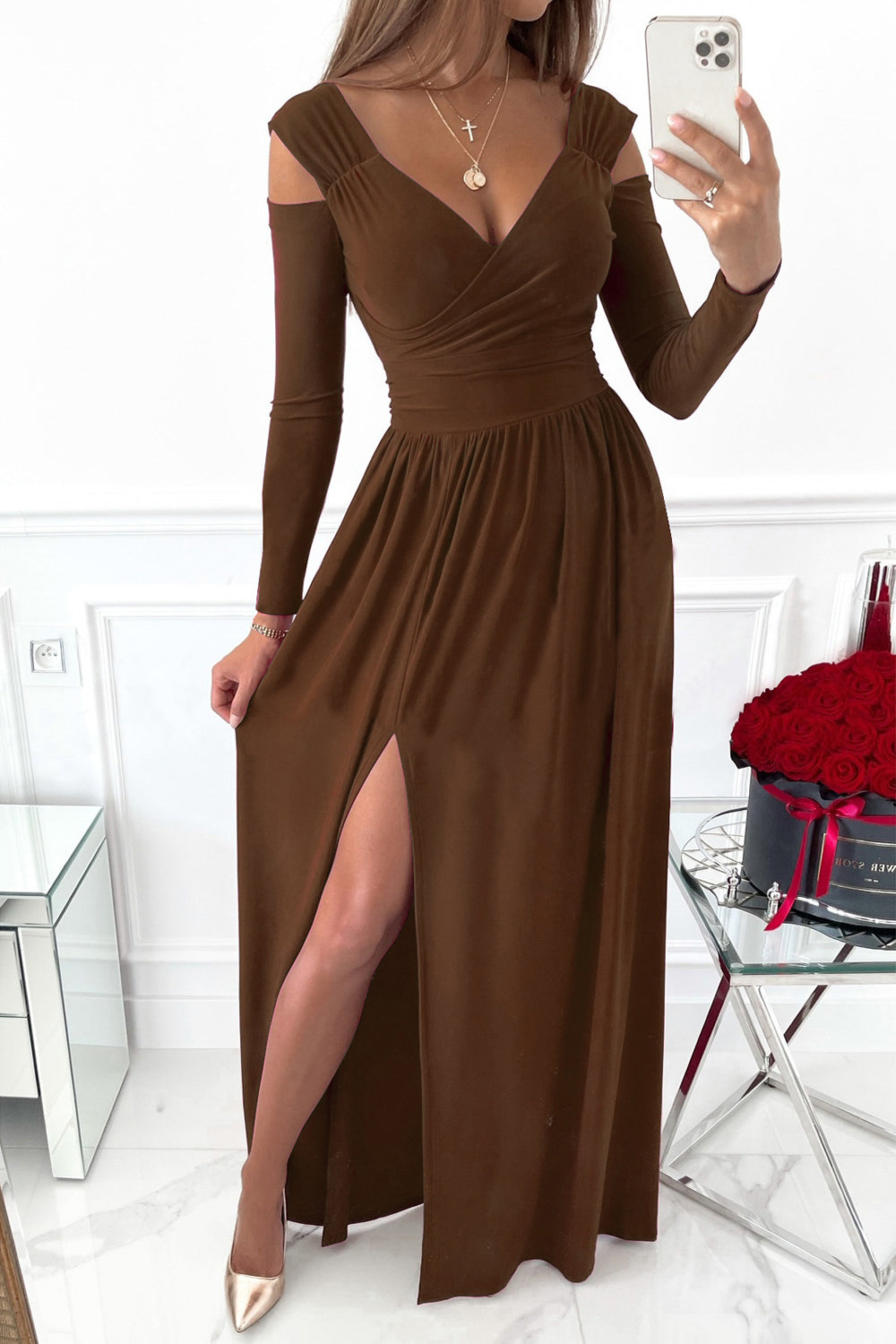 Outfit Flow - Slit Surplice Long Sleeve Maxi Dress