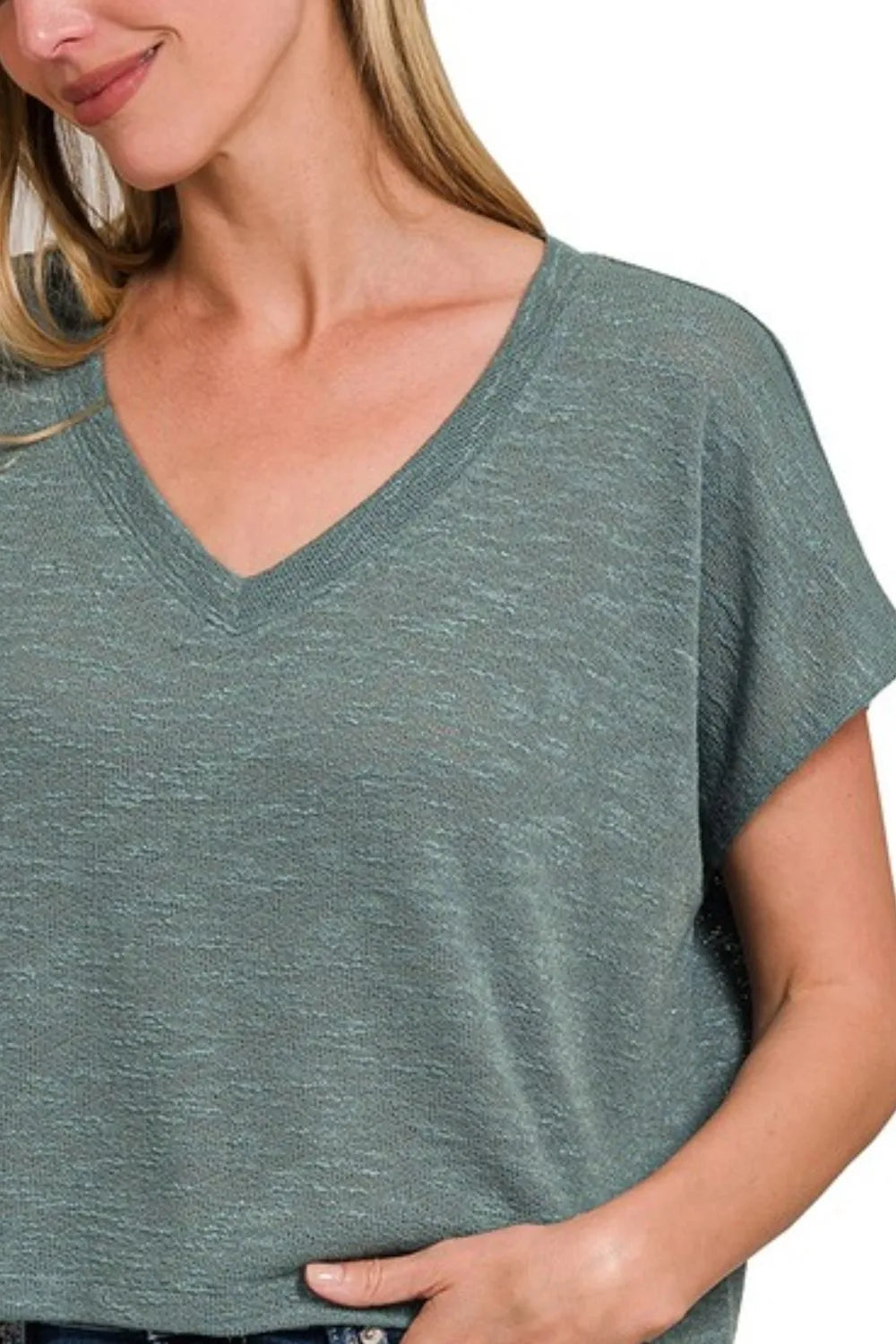 Zenana Hacci Slub V-neck Drop Shoulder Crop Top OutfitFlow