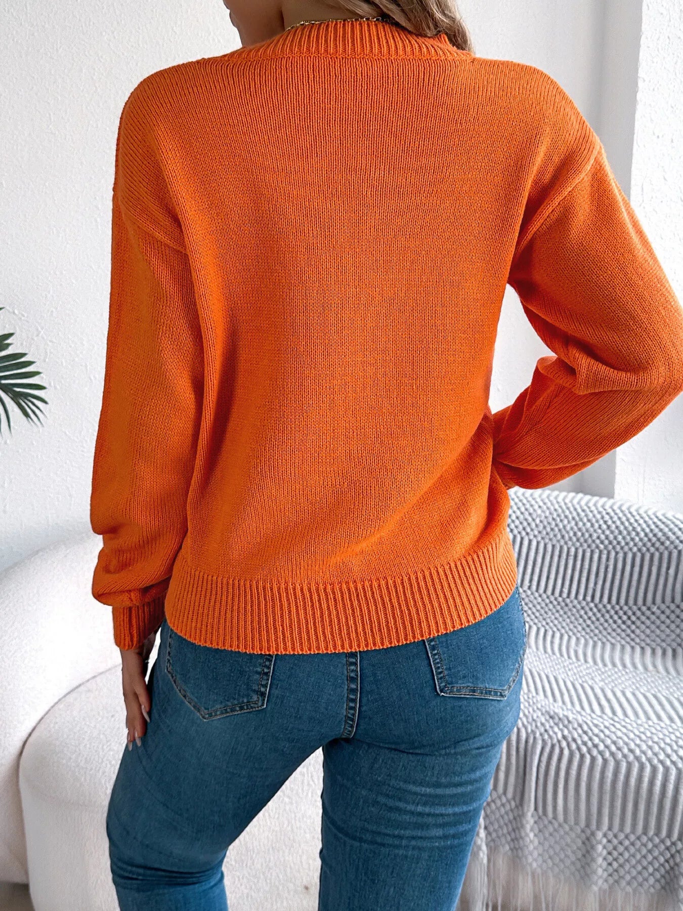 Openwork Round Neck Long Sleeve Sweater OutfitFlow