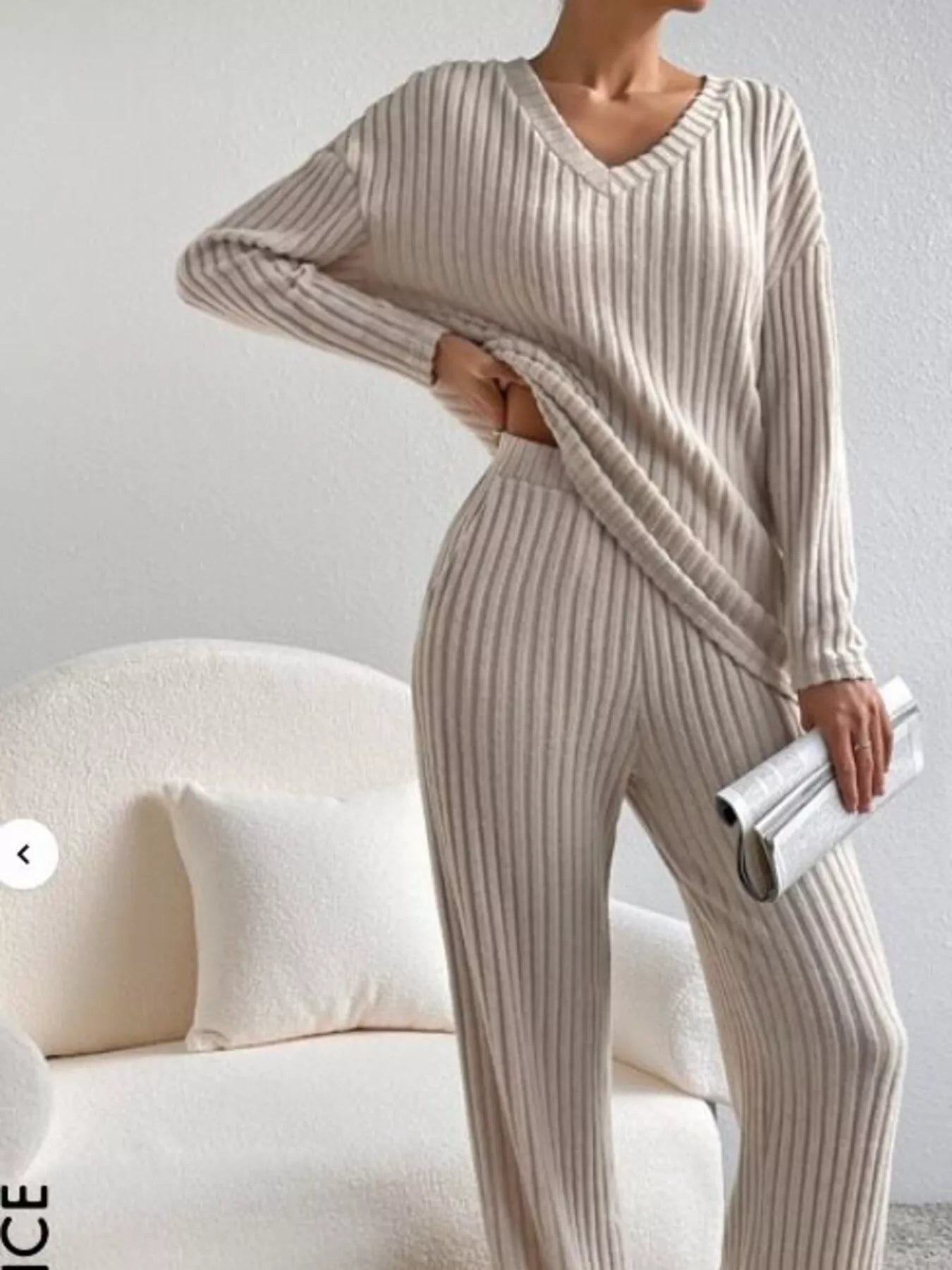 Ribbed Knit V-Neck Top and Pants Set OutfitFlow