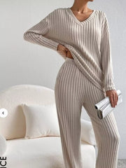 Ribbed Knit V-Neck Top and Pants Set OutfitFlow