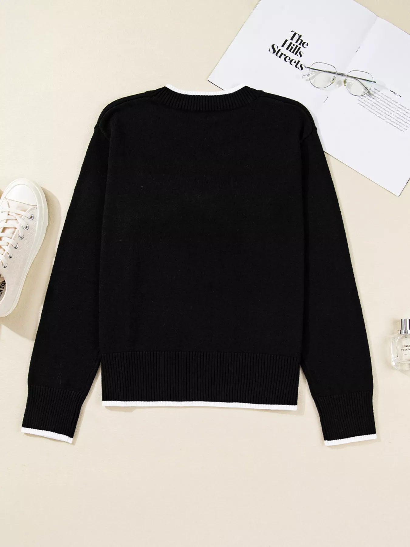 Contrast Trim Bow Accent Holiday Cropped Sweater OutfitFlow
