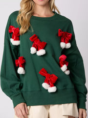 Christmas Long Sleeve Sweatshirt with Pom-Pom Bow Decoration Dark Green OutfitFlow