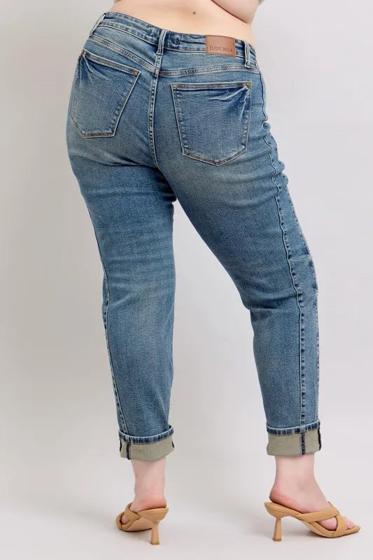 Judy Blue Full Size Mid Rise Vintage Wash Double Roll Cuff Boyfriend Jeans Plus Size OutfitFlow