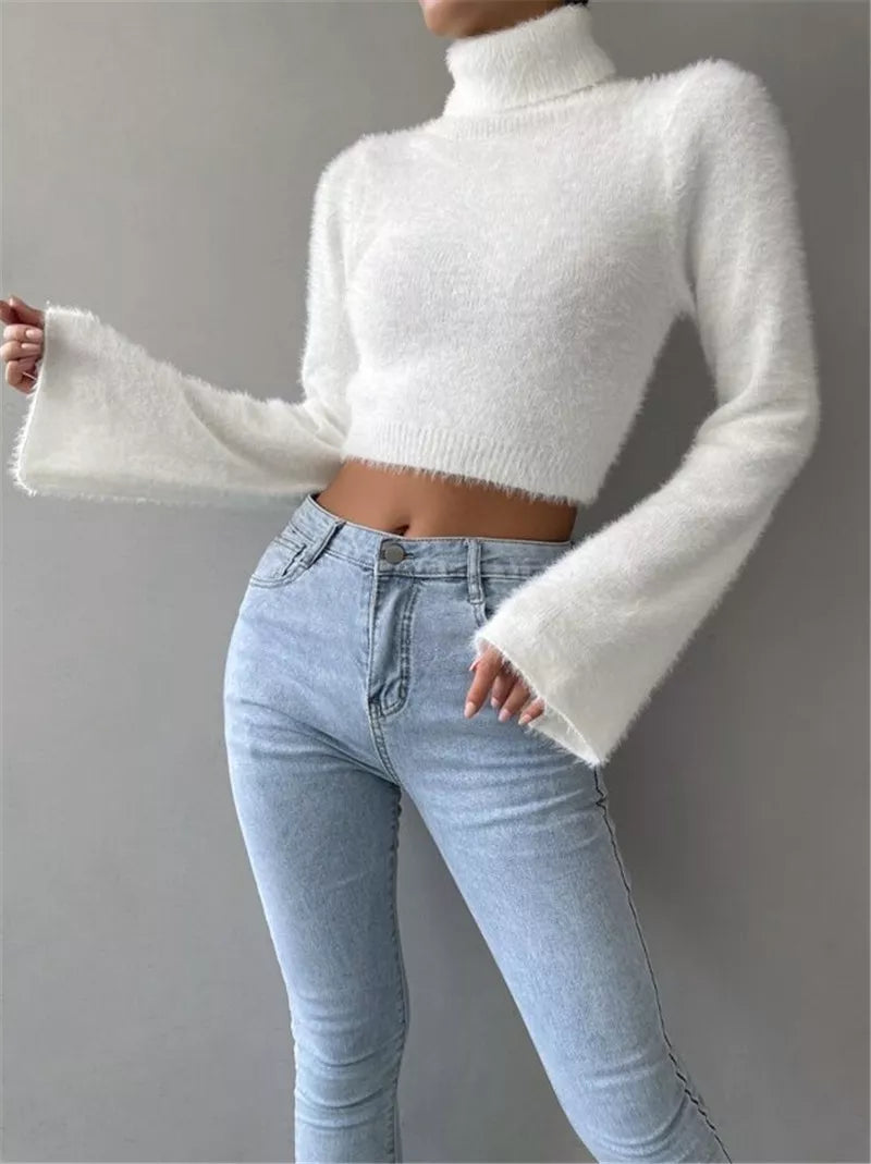 Fluffy Knit Turtleneck Bell Sleeve Cropped Sweater OutfitFlow