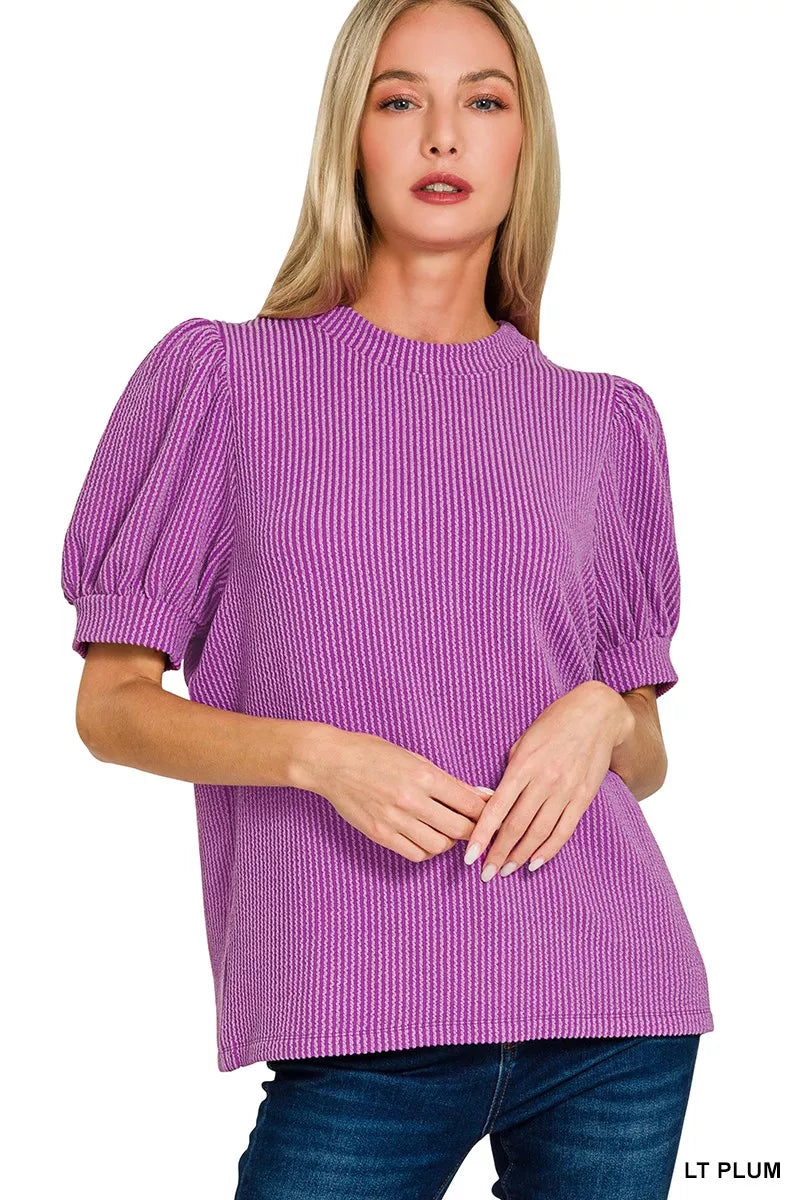 Zenana Raised Rib Puff Sleeve Top LT PLUM OutfitFlow
