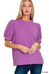 Zenana Raised Rib Puff Sleeve Top LT PLUM OutfitFlow