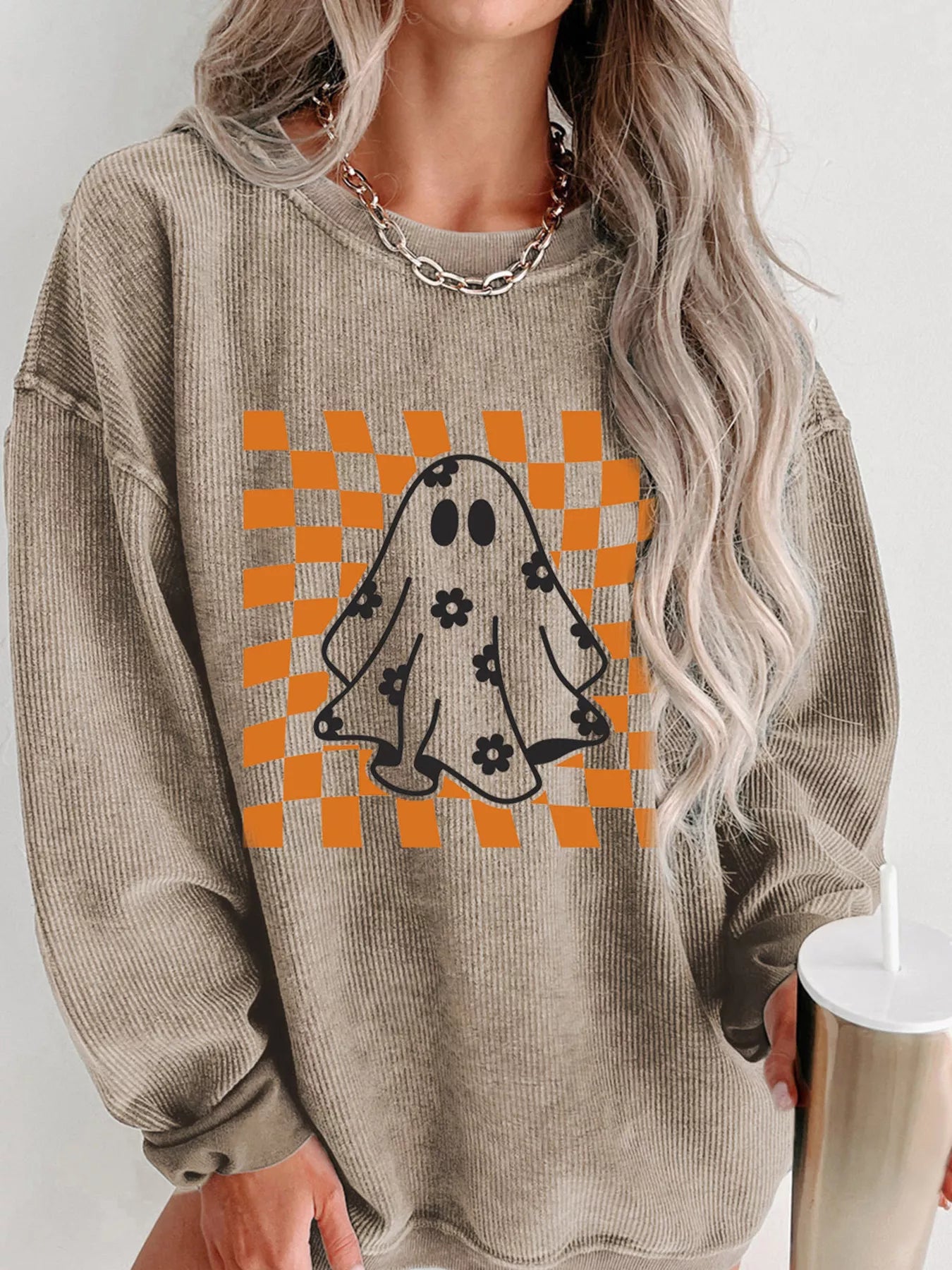 Halloween Checkerboard Floral Ghost Graphic Corded Sweatshirt OutfitFlow