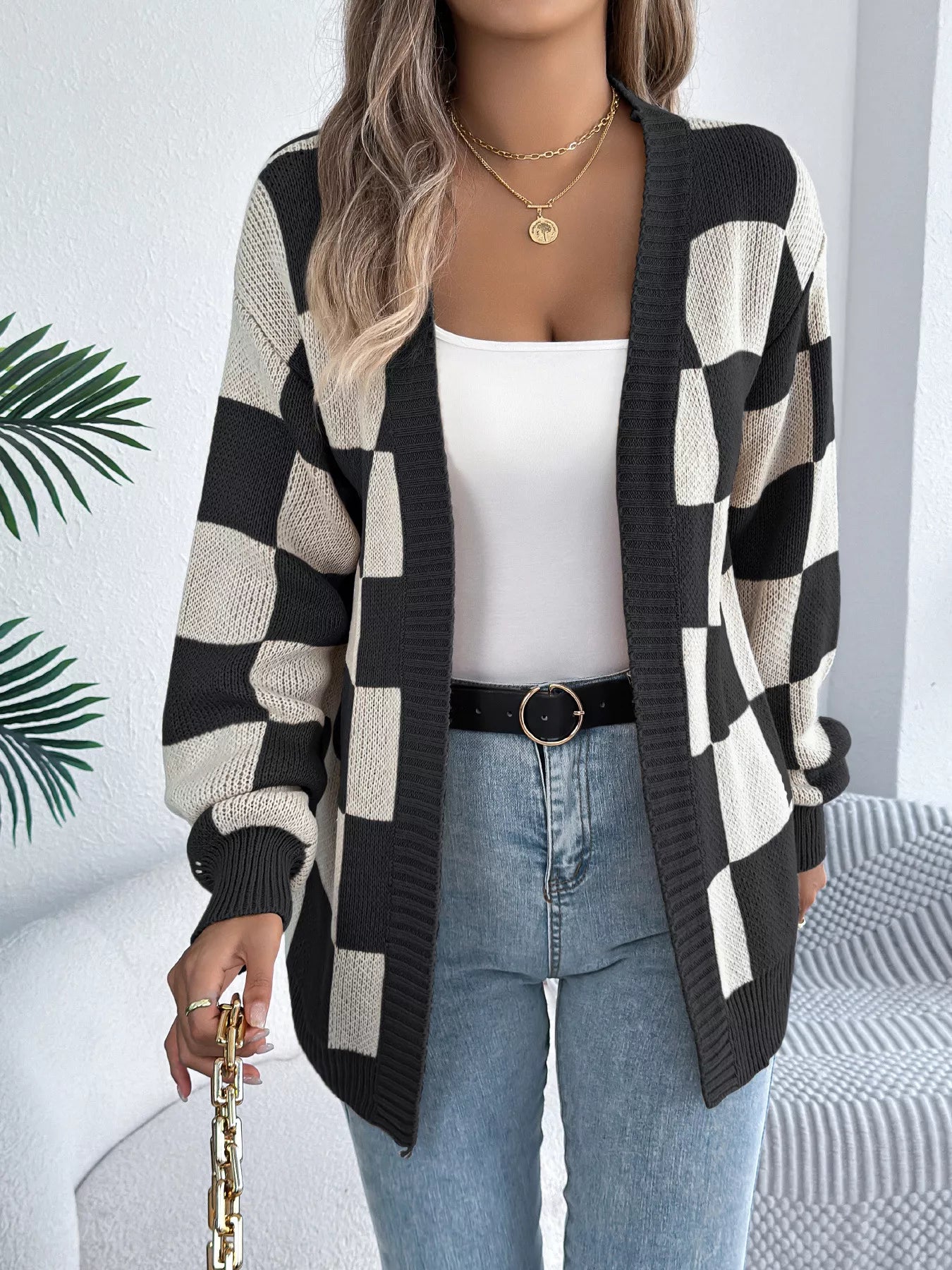 Checkered Pattern Open Front Cardigan OutfitFlow