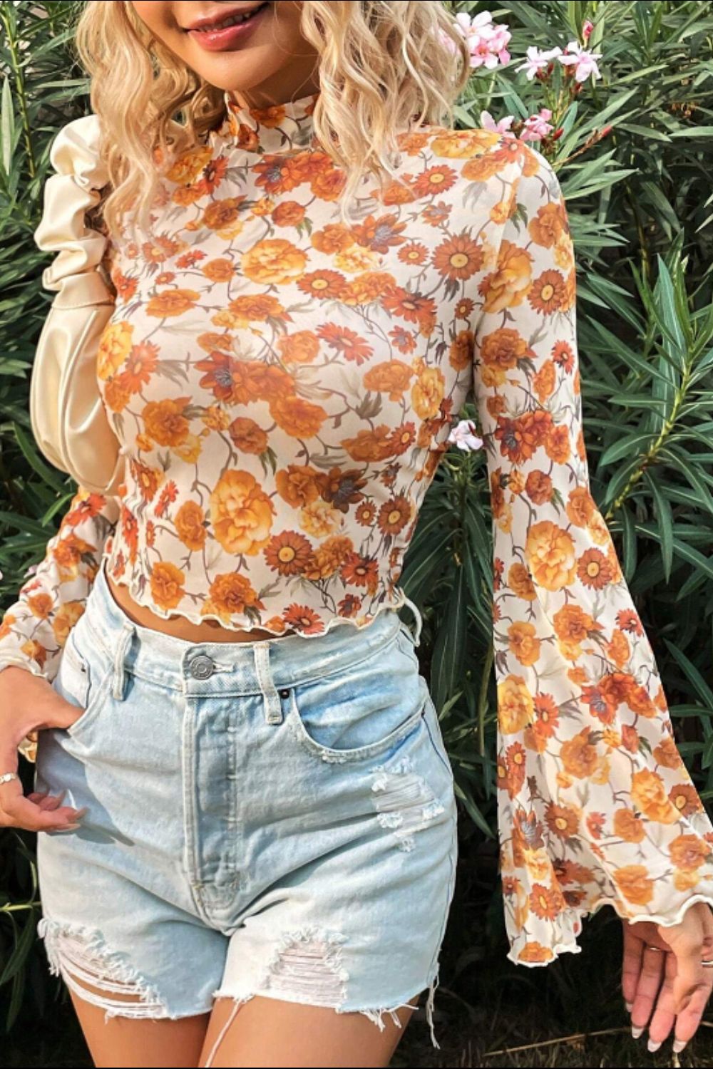 Outfit Flow - Printed Mock Neck Flare Sleeve Top