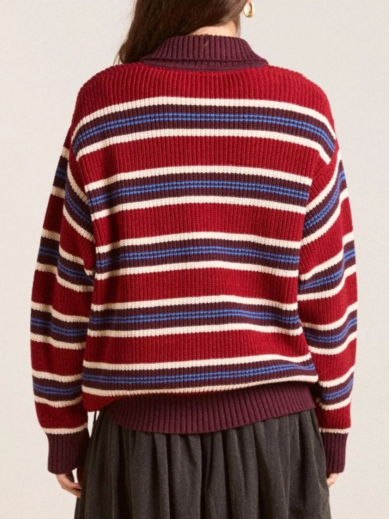 Striped Button Detail Polo Collar Sweater OutfitFlow