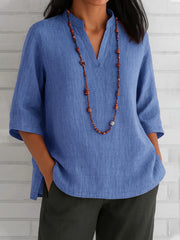 Full Size Notched Three-Quarter Sleeves Blouse Plus Size Blue OutfitFlow