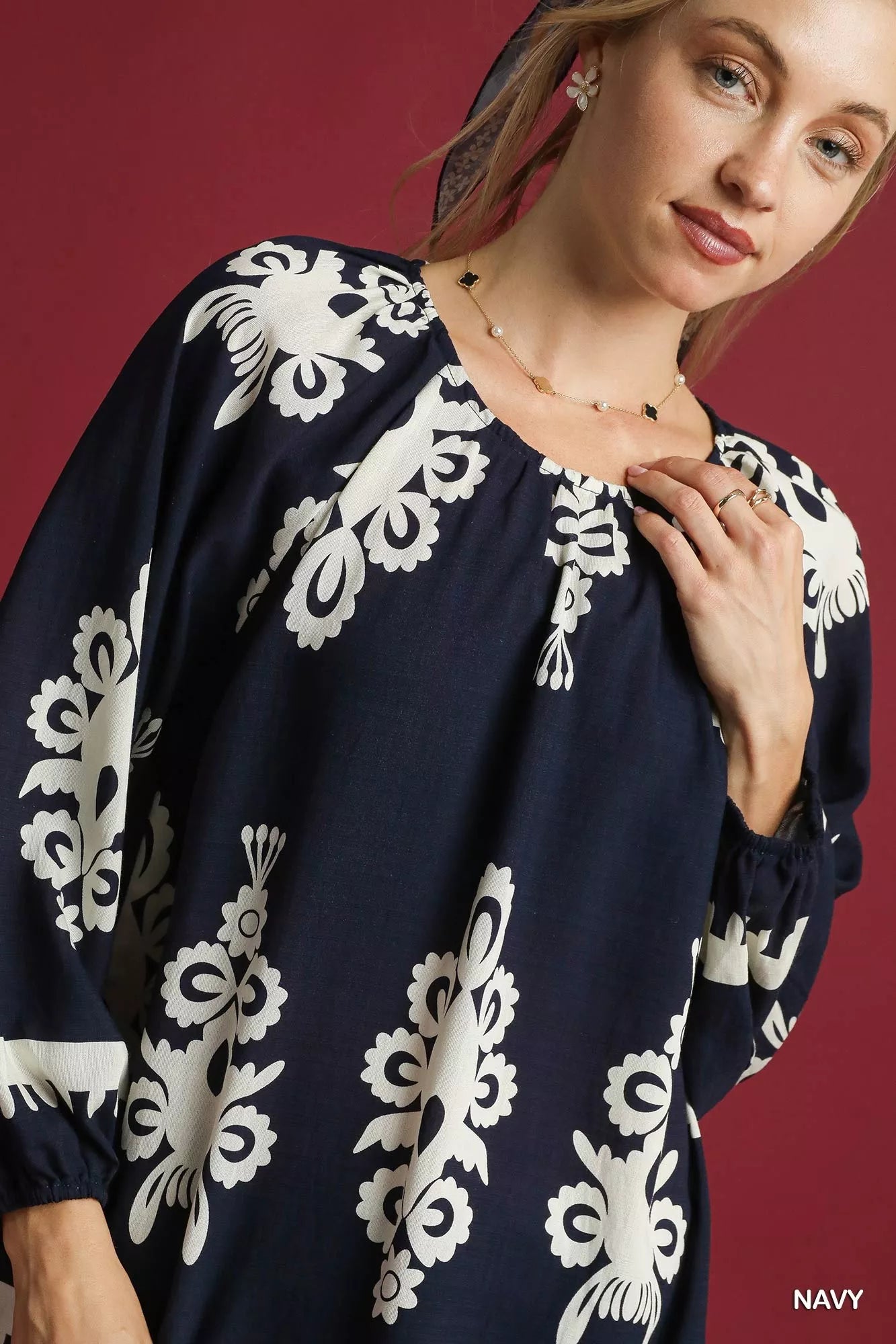 Umgee Two Tone Border Print Top with Balloon Sleeves Trendsi