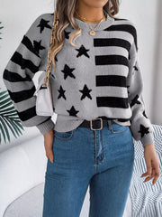 Stars and Stripes Pattern Casual Round Neck Sweater OutfitFlow
