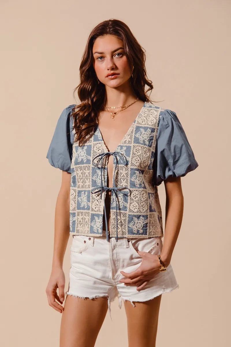 SO ME Crochet Lace Tie Front V Neck Blouse Top OutfitFlow