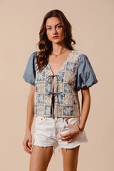SO ME Crochet Lace Tie Front V Neck Blouse Top OutfitFlow