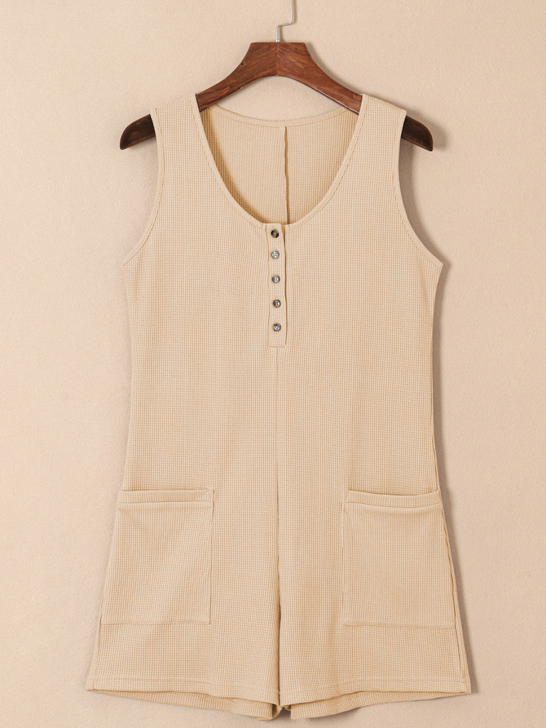 Outfit Flow - Waffle-Knit Half Button Sleeveless Romper with Pockets