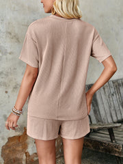 Outfit Flow - Lovelet Textured Round Neck Short Sleeve Top and Shorts Set