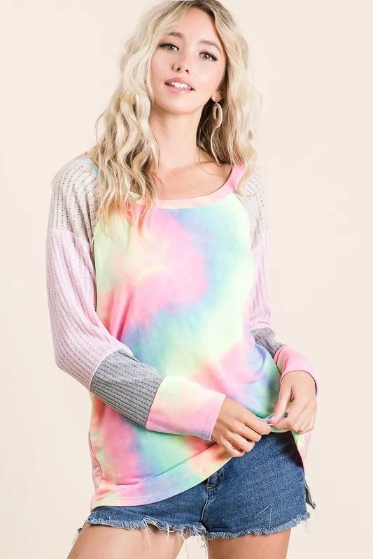BiBi Tie Dye Terry Top with Color Block Pointelle Knit OutfitFlow