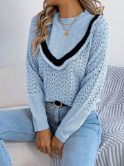 Hollow-Out Knit Top with Contrast Trim OutfitFlow