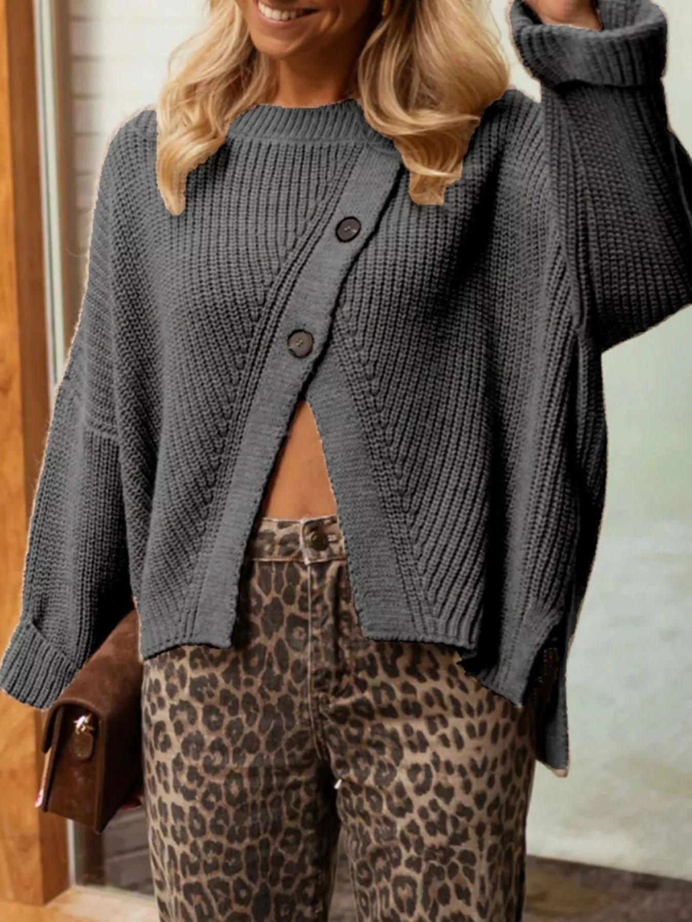 Asymmetrical Button Detail Sweater Gray One Size Trendsi