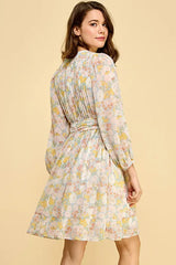 Lime 'N' Chili Chiffon Floral Print Belted Dress with Back Zipper OutfitFlow
